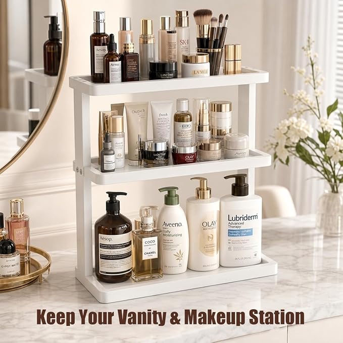 PEKER Bamboo Bathroom Organizer Countertop – Vanity Storage Shelf for Makeup, Perfume, Skincare – Natural Cosmetics Display Rack for Dresser, Sink, Kitchen – White