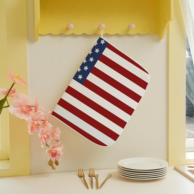 Memorial Day Dish Drying Mats 18x24 Independence Day Red American Flag Striped Star Drying Mats Patriotic Outdoor Decoration Absorbent 4th Of July Drying Pad for Counter Kitchen Dining Room