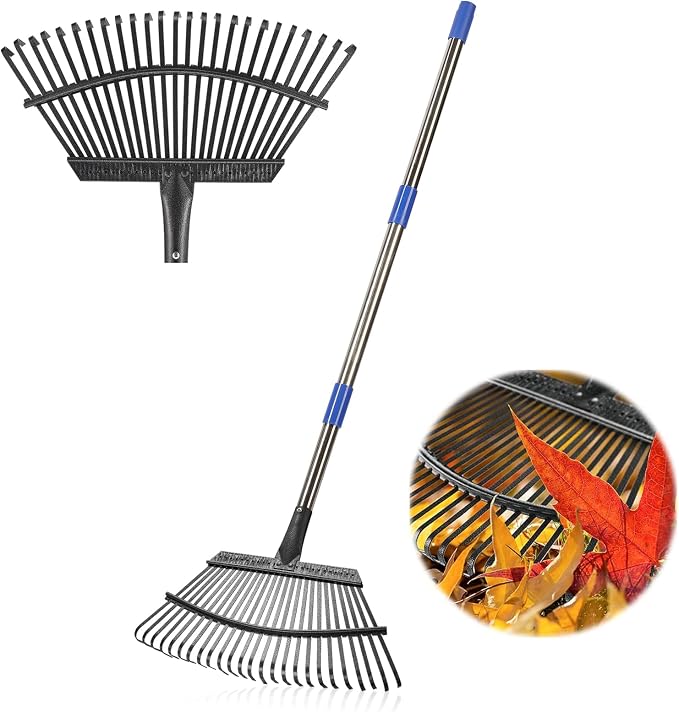 Garden Rake for Leaves, Leaf Rakes Heavy Duty for Yard,Lawn,Shrub,Grass,Mulch, 18" Metal Head,6ft Adjustable Long Handle,Adults Kids Rake for Gardening