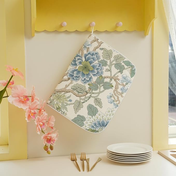 Chinoiserie Dish Drying Mat 18x24 Inch Vintage Sage Green Blue Floral Drying Mat Boho Spring Summer Seasonal Absorbent Dish Drying Pad Dish Rack Drainer Mats for Kitchen Dining Counter
