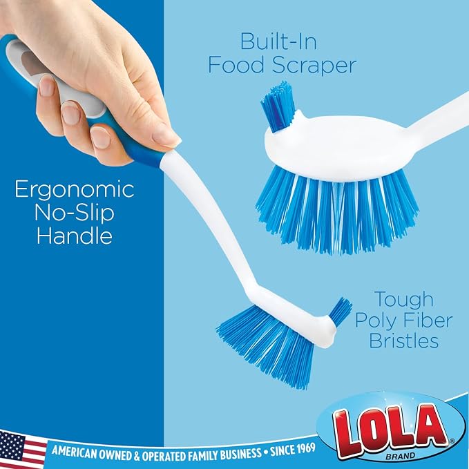 Dish Brush Kitchen Scrubber, by LOLA, Has Stiff Bristles & Food Scraper, Comfort No-Slip Grip Handle, Safe for Non-Stick & Coated Cookware, 1 Count