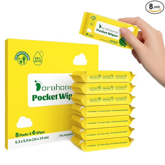 Unscented Travel Wet Wipes, 99% Purified Water Mini Wipes for Sensitive Skin, Hypoallergenic & Plastic-Free Pocket Wipes, 48 Count (8 Packs of 6)