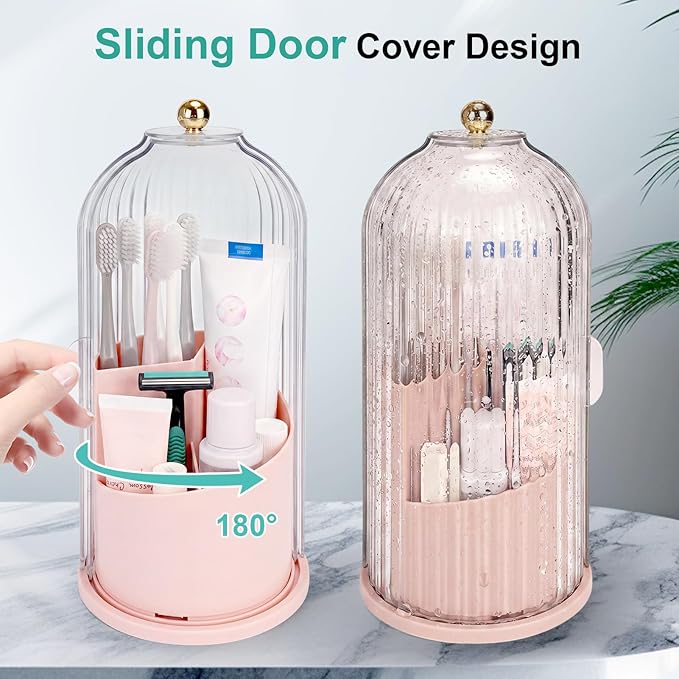 QIYVLOS Toothbrush Holders with Sliding Lid, Rotating 3 Slots Bathroom Organizer Countertop, Tooth Brush Toothpaste Holder Bathroom Counter Stand Sink Organizer Caddy for Makeup Brushes Holder (Pink)