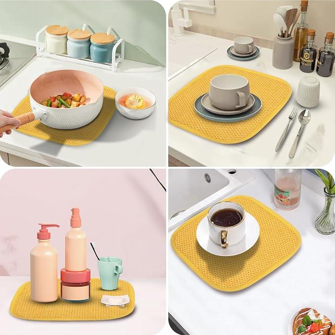 GeeRic Microfiber Dish Drying Mat, Super Absorbent Kitchen Dish Drying Pad, Reversible for Countertop, 7*7 inch Yellow