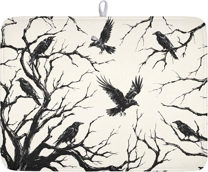 Halloween Crows Dish Drying Mat for Kitchen Counter Vintage Spooky Black Tree Branches Raven Pattern Microfiber Dish Drainer Mat Rustic Absorbent Washable Drying Pad 18"x24"