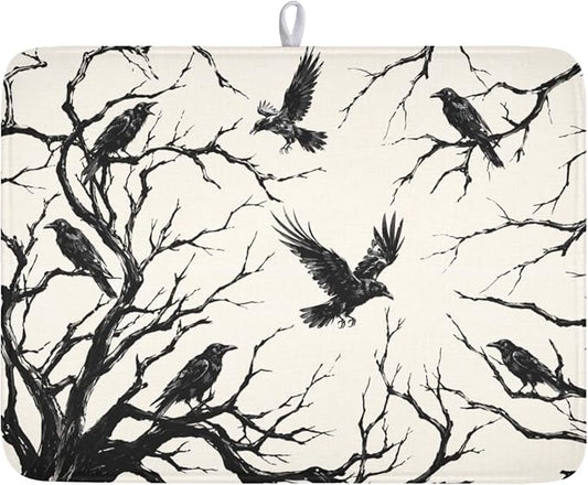 Halloween Crows Dish Drying Mat for Kitchen Counter Vintage Spooky Black Tree Branches Raven Pattern Microfiber Dish Drainer Mat Rustic Absorbent Washable Drying Pad 18"x24"