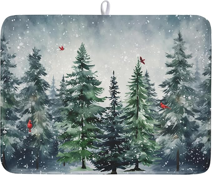 Winter Dish Drying Mat for Kitchen Counter Winter Pine Tree Dish Drying Mat 18x24 Inch Red Bird Christmas Dish Draining Mat Absorbent Reversible Dish Pad Kitchen Accessories Table Protector