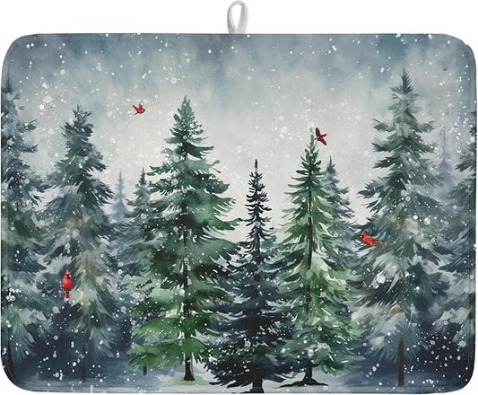 Winter Dish Drying Mat for Kitchen Counter Winter Pine Tree Dish Drying Mat 18x24 Inch Red Bird Christmas Dish Draining Mat Absorbent Reversible Dish Pad Kitchen Accessories Table Protector
