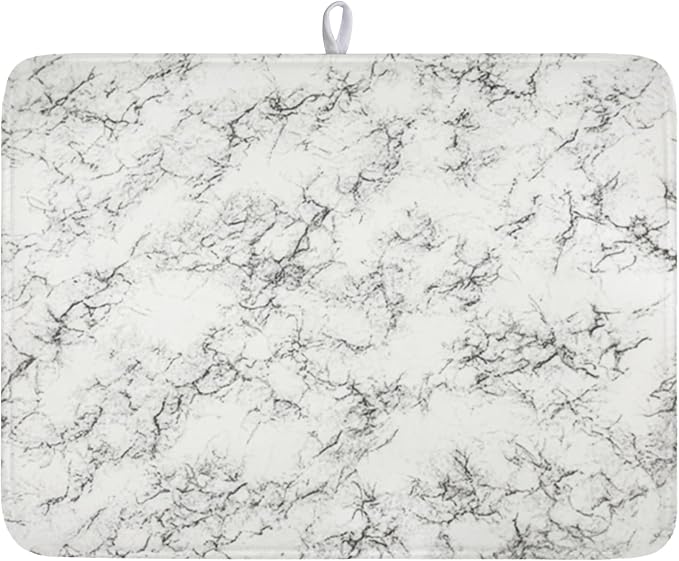 White Grey Marble Dish Drying Mat for Kitchen Counter Modern Marble Pattern Microfiber Dish Drainer Mat Absorbent Washable Drying Pad Extra Large 18"x24"