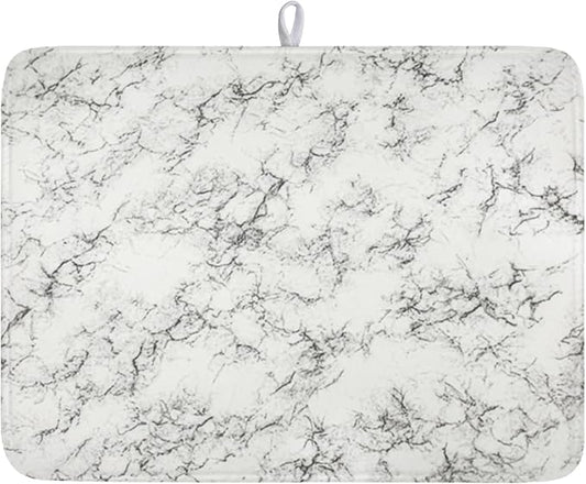 White Grey Marble Dish Drying Mat for Kitchen Counter Modern Marble Pattern Microfiber Dish Drainer Mat Absorbent Washable Drying Pad Extra Large 18"x24"