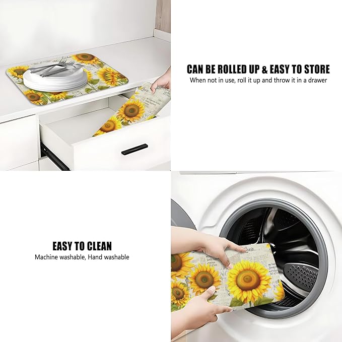 Dish Drying Mat 2-Pack in Sunflower News for Kitchen Counter Dishes Mat | Diatom Mud Mats (18x24, 19.5x12"). Non-slip rubber back for kitchen counter, coffee bar & sink scenes