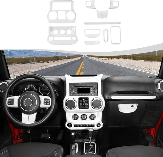 10PCS Full Set Interior Trim Kit for 2011-2018 Jeep Wrangler JK JKU,Center Console Trim, Dashboard Conditioning Switch Co-Pilot Handle Armrest Box Gear Shift Cover Trim(White)