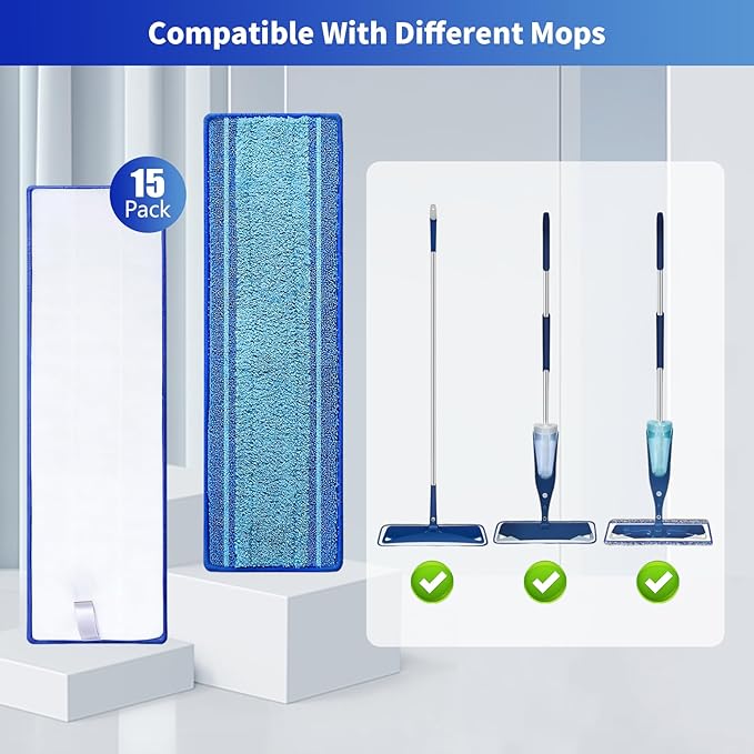 15-Pack Microfiber Mop Pads for Bona Mop- Washable Reusable Refills for Hardwood, Tile & Multi-Surface Floors | Pet Hair & Stain Remover
