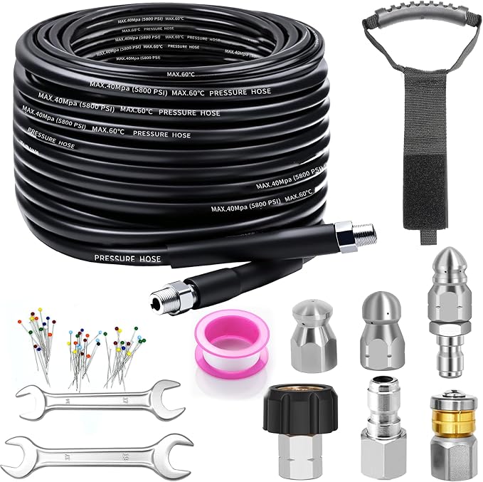 50FT Sewer Jetter Kit for Pressure Washer, 5800PSI Drain Cleaner Hose 1/4 Inch NPT Corner, Rotating and Button Nose Sewer Jetting Nozzles, Waterproof Tape and 2 Spanners (Black)