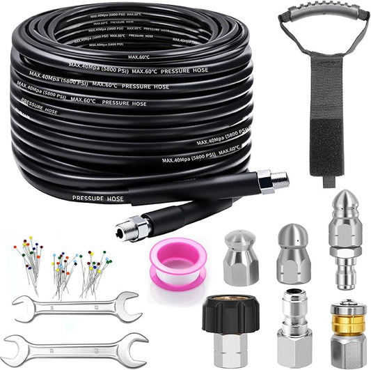 50FT Sewer Jetter Kit for Pressure Washer, 5800PSI Drain Cleaner Hose 1/4 Inch NPT Corner, Rotating and Button Nose Sewer Jetting Nozzles, Waterproof Tape and 2 Spanners (Black)