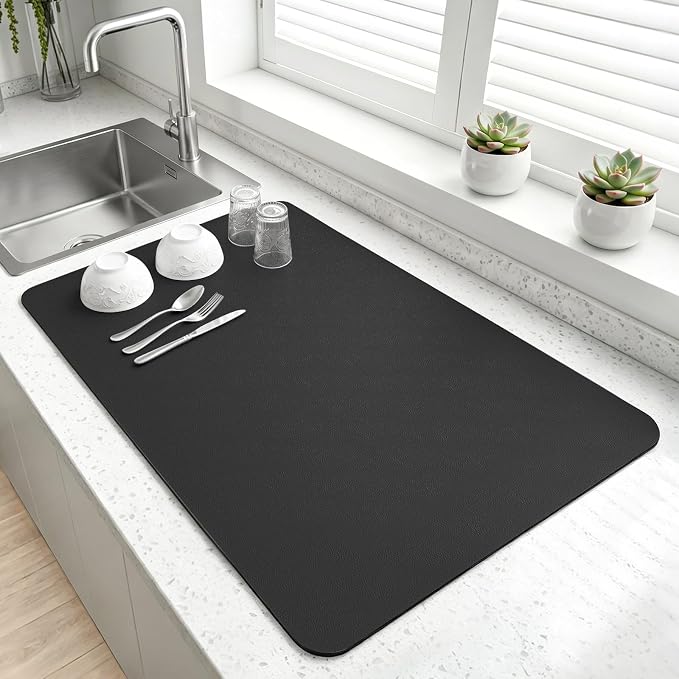 LOPNUR Kitchen Dish Drying Mat, 24"x16" Large Dish Drying Mats for Kitchen Counter, Diatomite Coffee Mat, Super Absorbent Dish Drying Pad, Heat Resistant Mat with Anti-slip Rubber Backed, Black