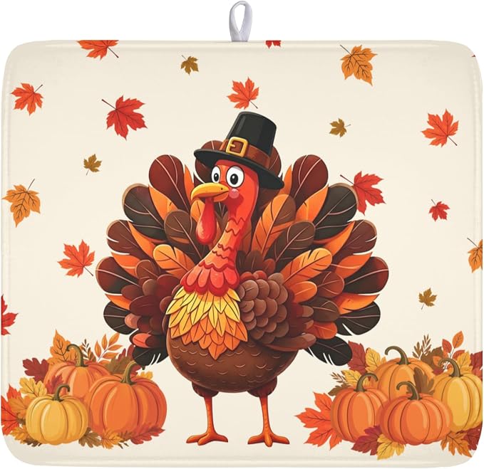 Thanksgiving Dish Drying Mat for Kitchen Counter Autumn Harvest Turkey Pumpkin Maple Leaves Microfiber Dish Drainer Mat Rustic Fall Holiday Absorbent Washable Drying Pad 16"x18"