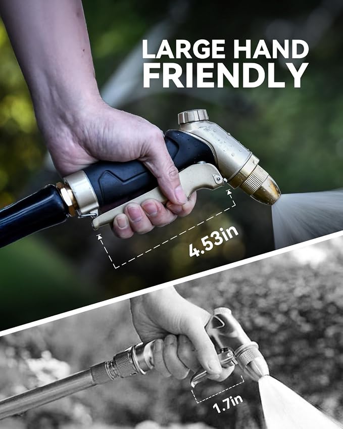 RAINPOINT Garden Hose Nozzle, 100% Heavy Duty Metal Hose Sprayer, High Pressure Water Hose Nozzle with Adjustable Spray Patterns and Flow Control for Watering Plants, Car Washing, Pet Washing,L-Brown