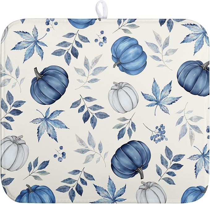 Fall Dish Drying Mat Blue Pumpkin Maple Leaves Drying Mats for Kitchen Counter 16x18 Inch Autumn Thanksgiving Absorbent Microfiber Dish Draining Mat Dishes Pad with Hanging Loop
