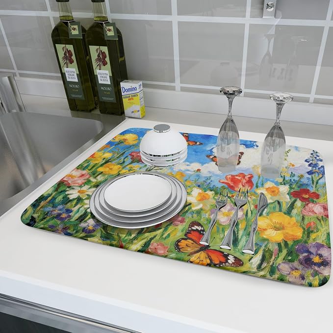 Cute Floral Dish Drying Mat for Kitchen Counter 18x24, Spring Summer Decorative Absorbent Reversible Microfiber Kitchen Countertop Protector Dishes Drainer Pad, Watercolor Flower Butterfly