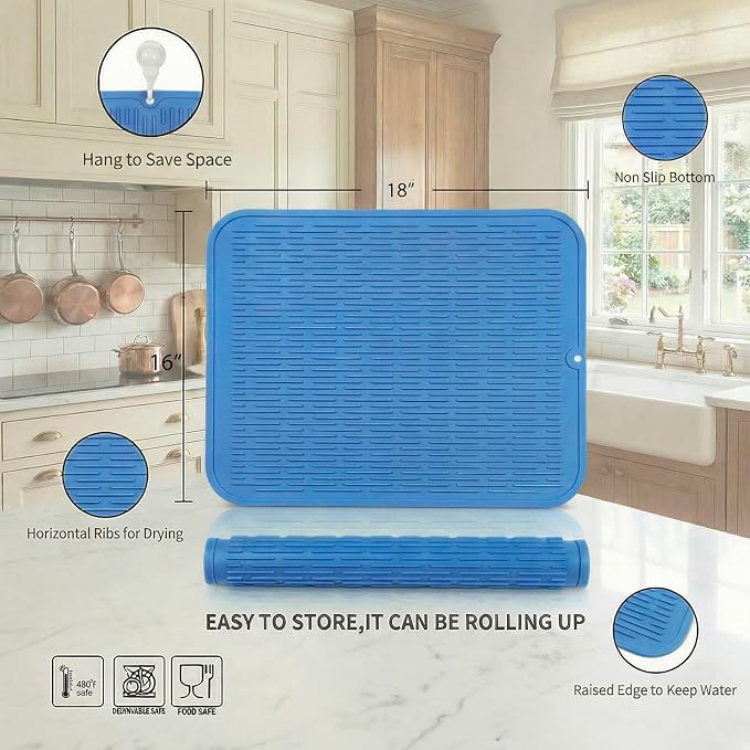 MicoYang Silicone Dish Drying Mat for Multiple Usage,Easy clean,Eco-friendly,Heat-resistant Silicone Mat for Kitchen Counter or Sink,Refrigerator or Drawer Liner Lichen BlueL XL 18 inches x 16 inches