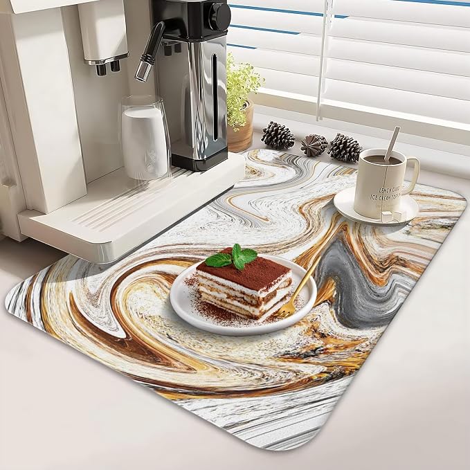 Dish Drying Mat 2-Pack in Marble Swirl for Kitchen Counter Dishes Mat | Diatom Mud Mats (18x24, 19.5x12"). Non-slip rubber back for kitchen counter, coffee bar & sink scenes