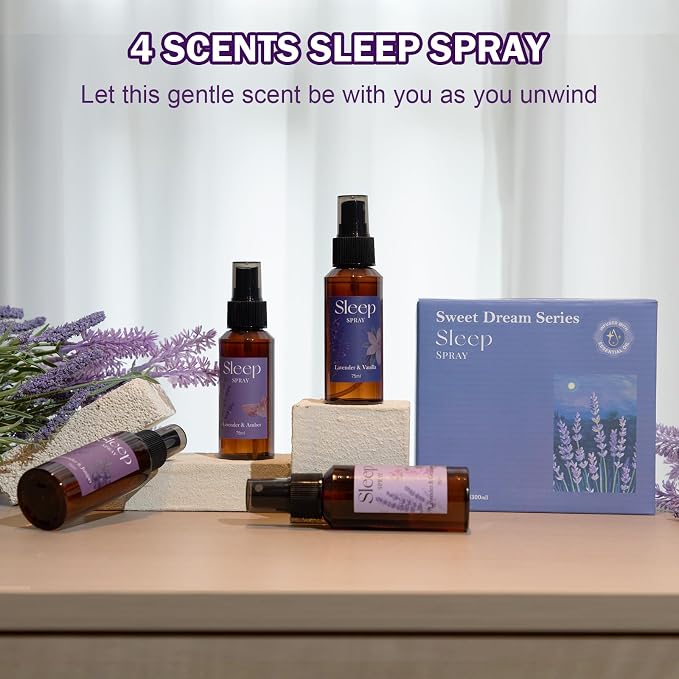 SCENTORINI Sleep Spray, 10.14 oz Calming Lavender Spray for Sleep | Lavender Essential Oil, 4 Pack Relaxing Aromatherapy Pillow Mist for Bedding Fabric, Liners, Sheets, Room Spray Air Freshener