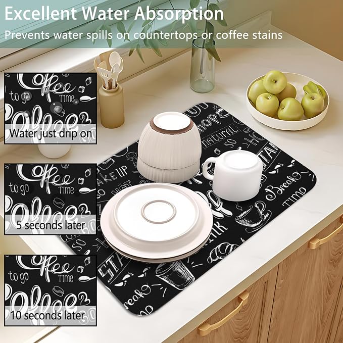 Dish Drying Mat 2-Pack in Coffee Bar Chalk for Kitchen Counter Dishes Mat | Diatom Mud Mats (18x24, 19.5x12"). Non-slip rubber back for kitchen counter, coffee bar & sink scenes