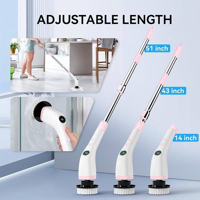 Electric Bathroom Cleaning Brush Cordless Shower Scrubber SD-CTB01 | Spin Scrubber Full Body Waterproof IPX7 with Adjustable Handle, 8 Replaceable Brush Heads for Bathtub/Kitchen/Window/Home