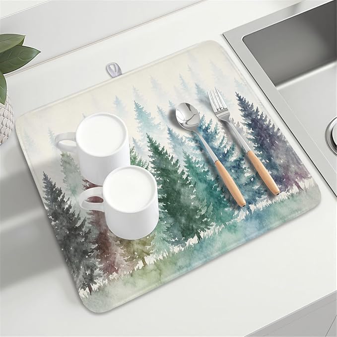 Giwawa Pine Tree Dish Drying Mat Natural Forest Fog Microfiber Dishes Pad 16x18 Inch Absorbent Fast Dry Dish Drainer Rack Mats for Kitchen Counter