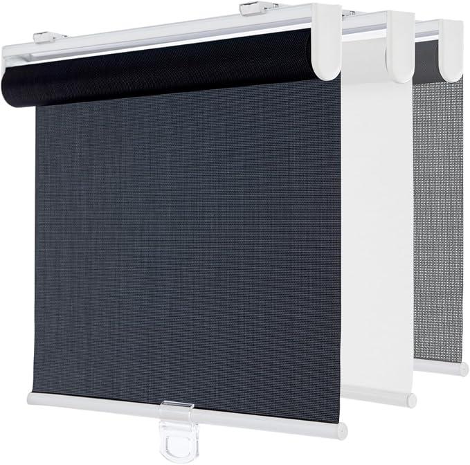 Cordless Roller Shades for Windows,Light Filtering Pull Down Blinds,Solar Screen Door Blinds,Flame Retardant UV Protection Fabric for Home Office (44" W x 72" H,Solar Black)