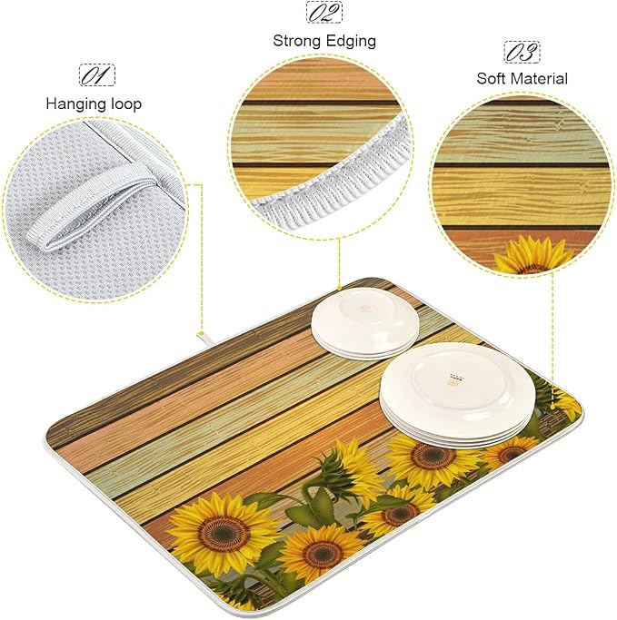 Super Absorbent Dish Drying Mat, Microfiber Fast-Drying Dish Mat, 24" x 18", Kitchen Dish Drying Pad, Sunflower On Wooden Board Vintage