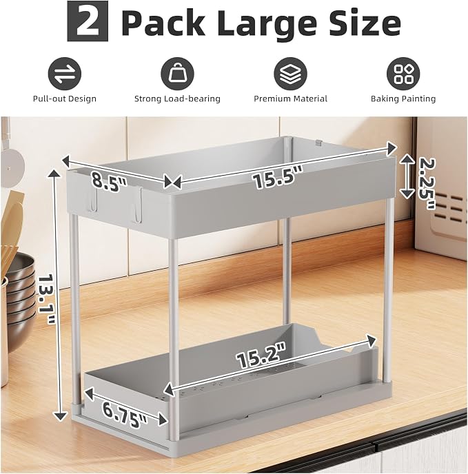 Simple Trending Under Sink Organizer 2 Pack, Sink Pull-Out Sliding Storage Cabinet, 2-Tier Under Shelf Organizer for Kitchen Bathroom, Grey