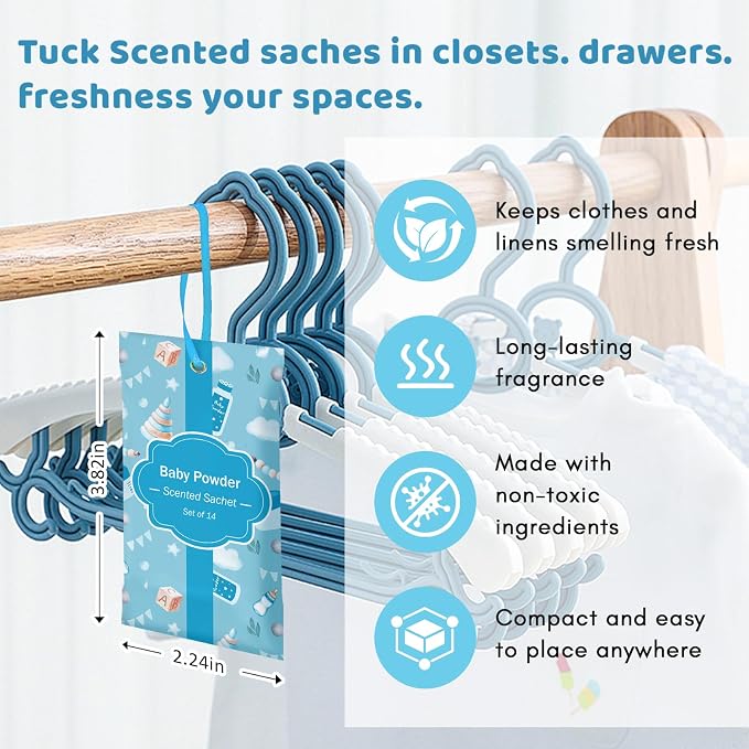 SCENTORINI Scented Sachets for Drawer and Closet, Baby Powder Scent 14 Pack | Long-Lasting Sachets Bags Gift Set, Closet Freshener Sachets, Wardrobe Freshener for Drawers, Closets, Handbags, Suitcases