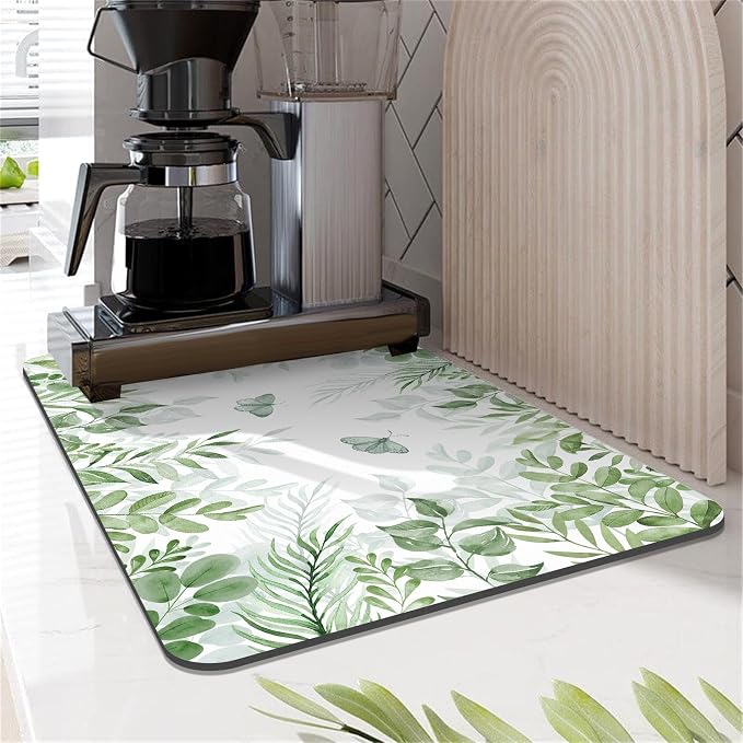 LOKHOM Dish Drying Mat for Kitchen Counter, 12"x20" Absorbent Coffee Bar Mat with Green Plant & Butterfly, Dish Drainer Rack Mats for Kitchen Counter Coffee Maker Pot Dining Room Decoration