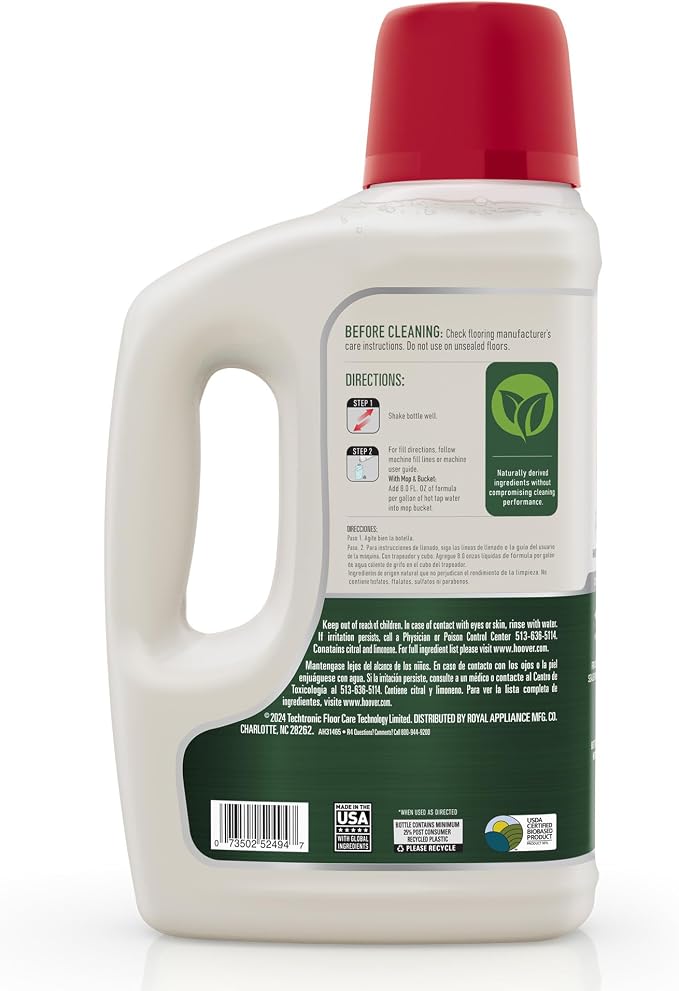 Hoover Pure Essentials Hard Floor Cleaner Solution, 64 oz | Botanical Citrus Scent, Plant-Based Formula, No Synthetic Fragrance, Pair With Hoover Hard Floor Cleaner Machine