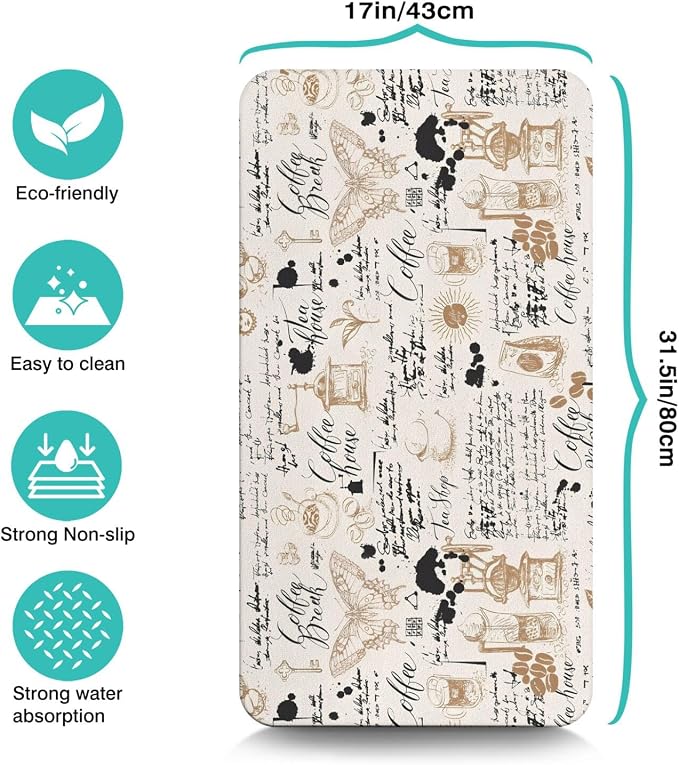 Coffee Mat 17inx31.5in, Coffee Bar Mat for Countertops, Absorbent, Hide Stain, Anti-Slip, Dish Drying Mat