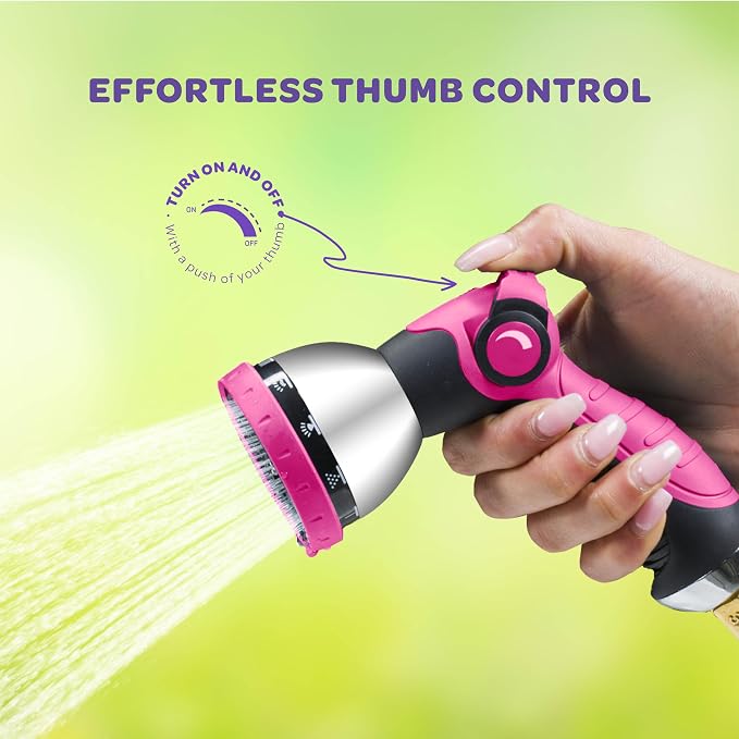 Hose Nozzle [Pink] Heavy Duty Hose Sprayer With 10 Adjustable Watering Patterns. Thumb Control Design, Comfortable Ergonomic Grip, Garden Hose Nozzle for Watering Plants & Lawns/Fun showers/Cleaning