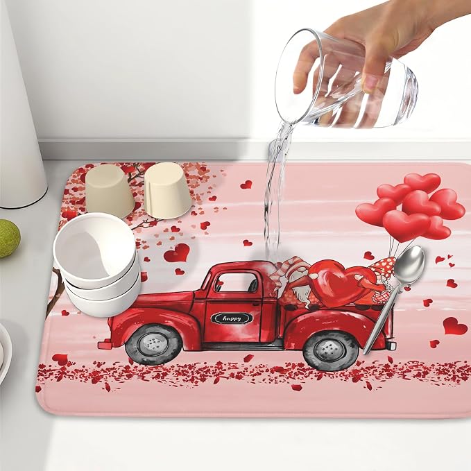 Valentine's Day Dish Drying Mats for Kitchen Counter, Happy Valentine's Day Dish Mat Absorbent Reversible Microfiber Dish Drying Pad Love Kitche Mat Dish Drainer Rack Mats for Coffee Bar 18"x24"
