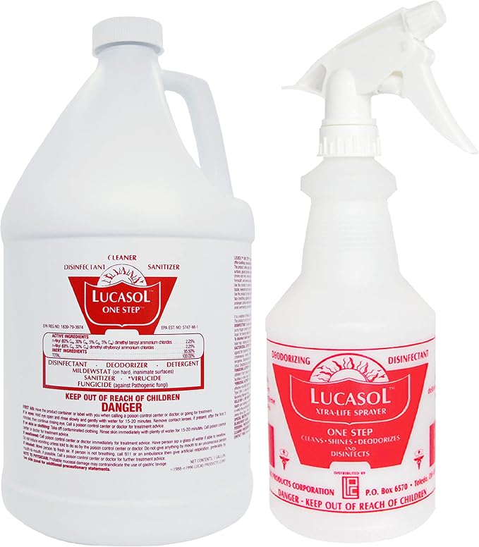 Lucasol One Step Disinfectant, 1 Gallon & 24 Oz Empty Refillable Spray Bottle Combo. All Purpose Cleaner Spray For Hospitals, Schools, Salons, Household Cleaning And More