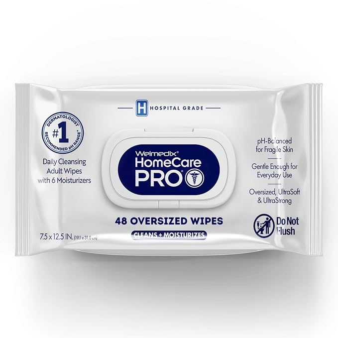 Welmedix Adult Bathing Wipes - Oversized No Rinse Bath Wipes | 6 Moisturizers - Hospital Grade Daily Cleansing Disposable Washcloths for Fragile Skin - XL 7.5” x 12.5” - 48 Count