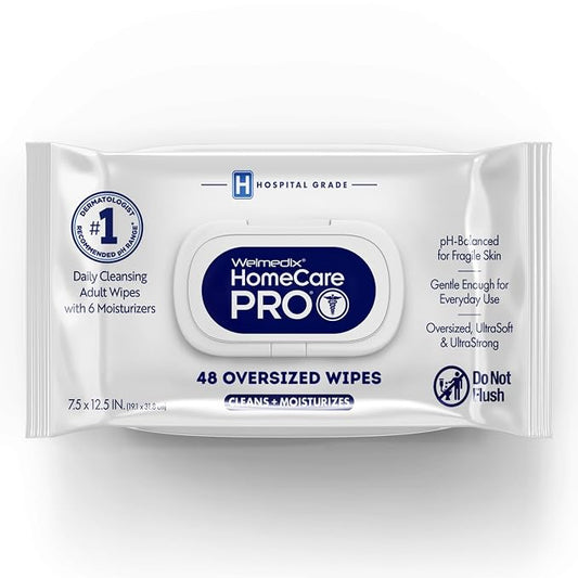 Welmedix Adult Bathing Wipes - Oversized No Rinse Bath Wipes | 6 Moisturizers - Hospital Grade Daily Cleansing Disposable Washcloths for Fragile Skin - XL 7.5” x 12.5” - 48 Count