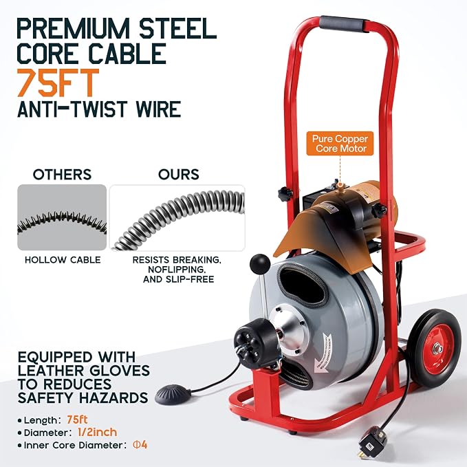 Albott 75 FT x 1/2 inch Electric Drain Cleaner Machine with Auto-Feed & 10 Cutters, Sewer Snake Auger for 1–4 Inch Pipes, Wheels & Foot Switch, Ideal for Home & Commercial Use, Gray/Red