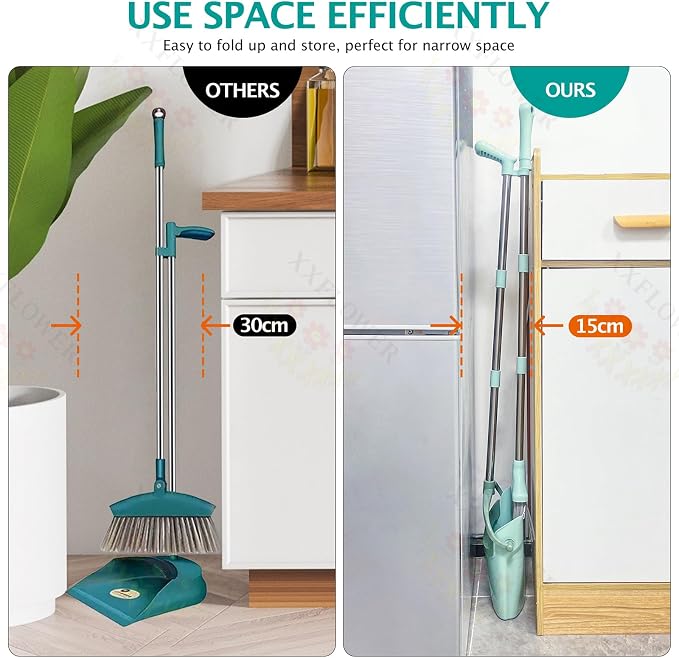 XXXFLOWER Broom and Dustpan Set with Cleaning Teeth, 54.5" Long Handle Indoor Sweeping Combo for Home Office Kitchen, Bluish Green