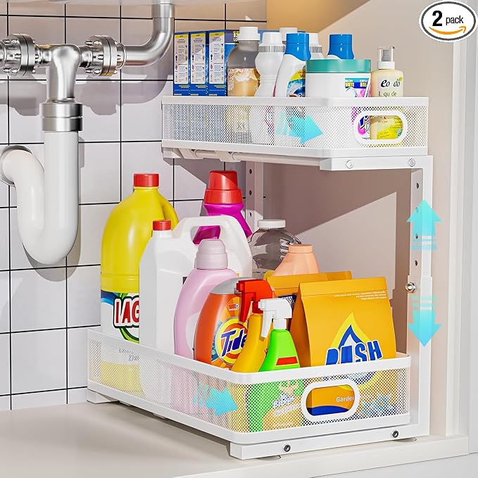Under Sink Organizer 2 Pack, High Adjustable 2 Tier Under Sink Organizers and Storage, Slide out Metal Cabinet Organizers, Pull out Storage Drawer Shelf for Kitchen Bathroom Cabinet (White-1 pack)