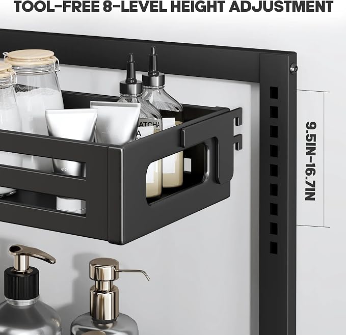 2 Pack 17IN-Depth Under Sink Organizer,Pull Out Cabinet Organizer With Smooth Cylindrical Rail,Metal Slide Out Drawer for Kitchen Bathroom Laundry,8-Level Tool Free Height Adjustable-Black