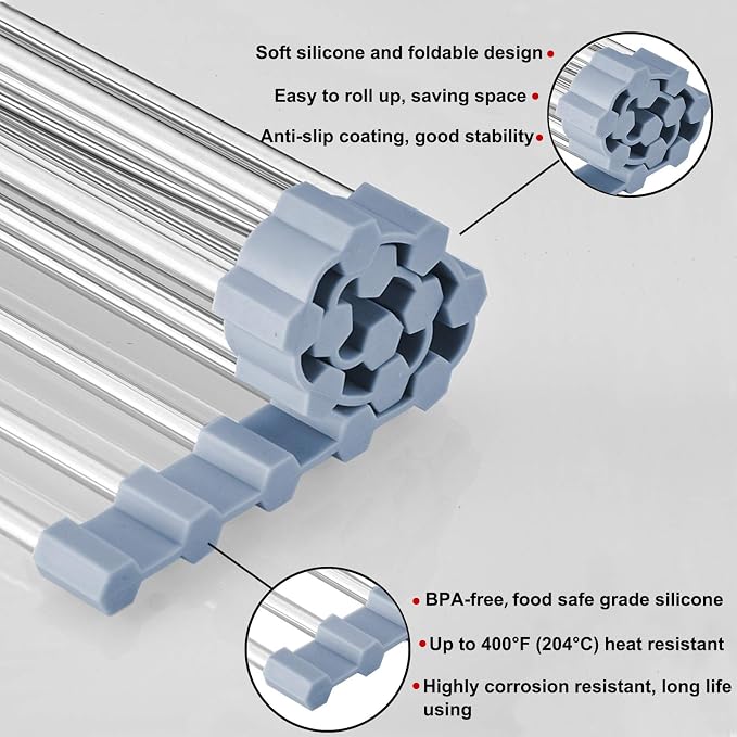 MECHEER Over The Sink Dish Drying Rack, Stainless Steel Roll Up Dish Drying Rack Kitchen Dish Rack Sink Drying Rack, Foldable Dish Drainer, 17.5''x13.7''