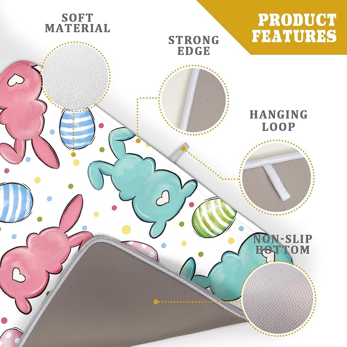 Easter Dish Drying Mat for Kitchen Counter Colorful Bunny Holiday Microfiber Absorbent Dish Draining Reusable Washable Foldable Extra Large 18"x24"