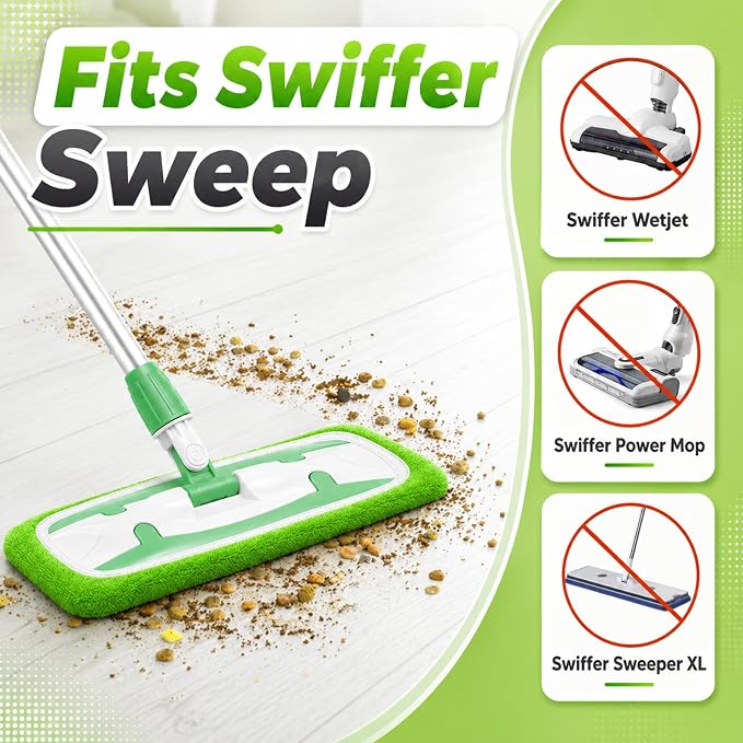 Reusable Mop Pads Compatible with Swiffer Sweeper Mop Cleaning Mop Pads Refill for Dry & Wet Sweeping for Multi-Surface/Hardwood Floor Cleaning (Green)