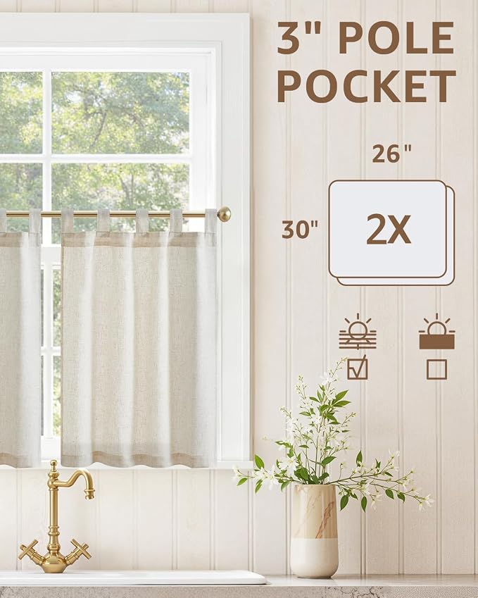 jinchan Linen Tier Curtains, Tab Top, 26x30, 2 Panels, Natural | Light filtering, linen blend, farmhouse style, rustic decor, cafe curtain, kitchen, bathroom, laundry room, RV, small windows